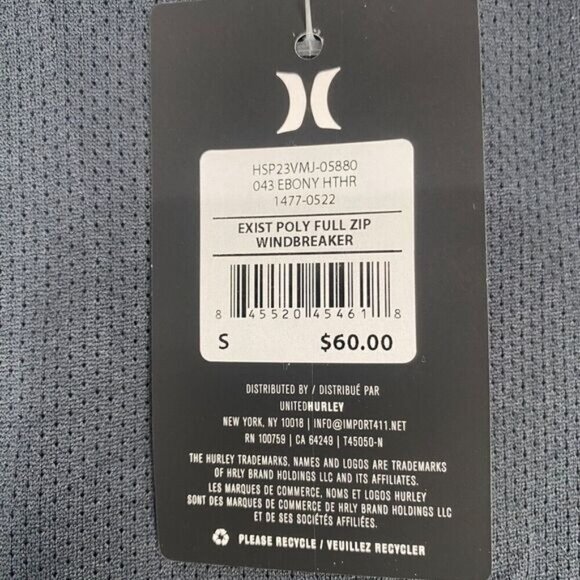 Hurley Exist Men Full Zip Windbreaker Size S Gray Reflective Water Resistant NEW - Picture 4 of 12